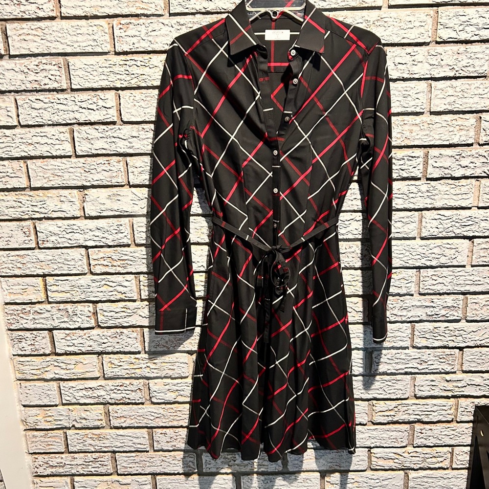 UNTUCKit Kris Black Red Plaid Windowpane Button Front Shirt Dress Womens Size 2